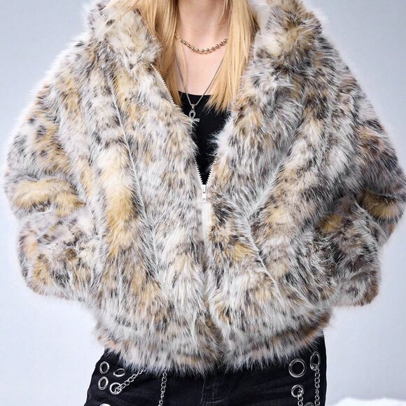 Multicolor Casual Women's Grunge Punk Ombre Polka Dot Faux Fur Hooded Cardigan - Picture 6 of 8